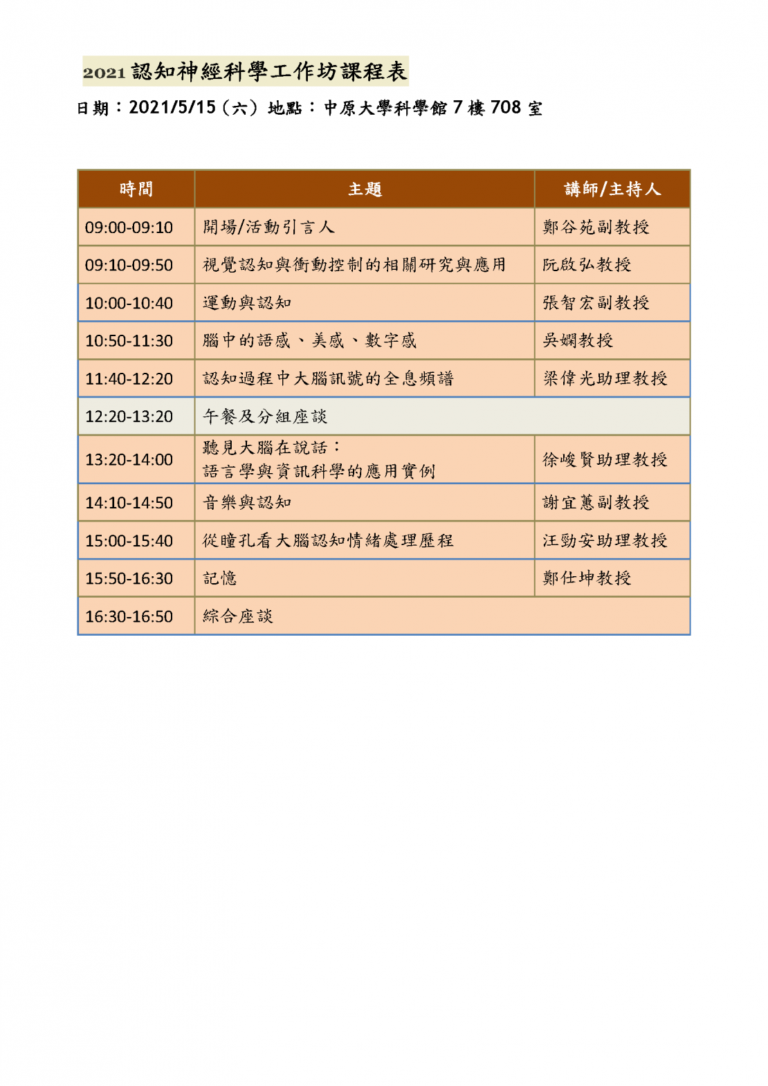 2021認知神經科學工作坊課程表